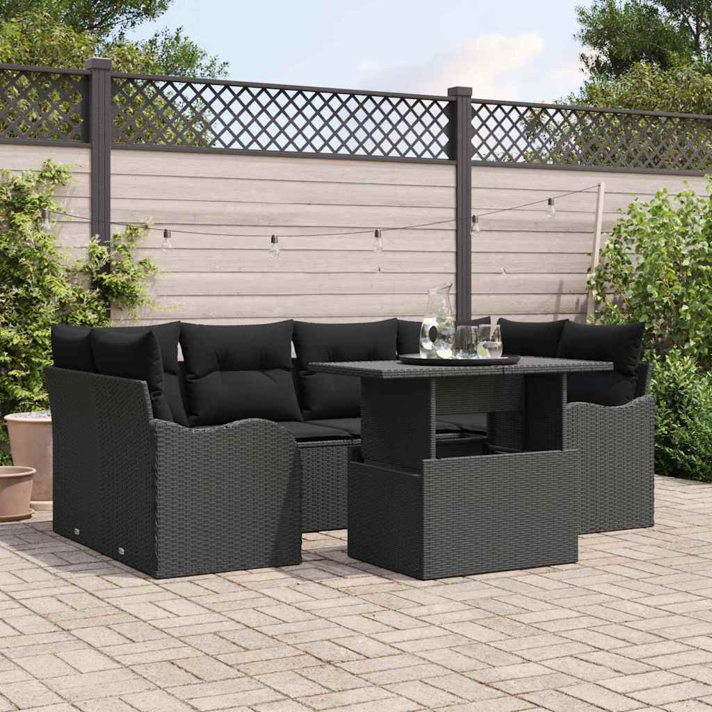 Havesofa Sæt med pude med opbevaring 7 pcs Sort Poly Rattan