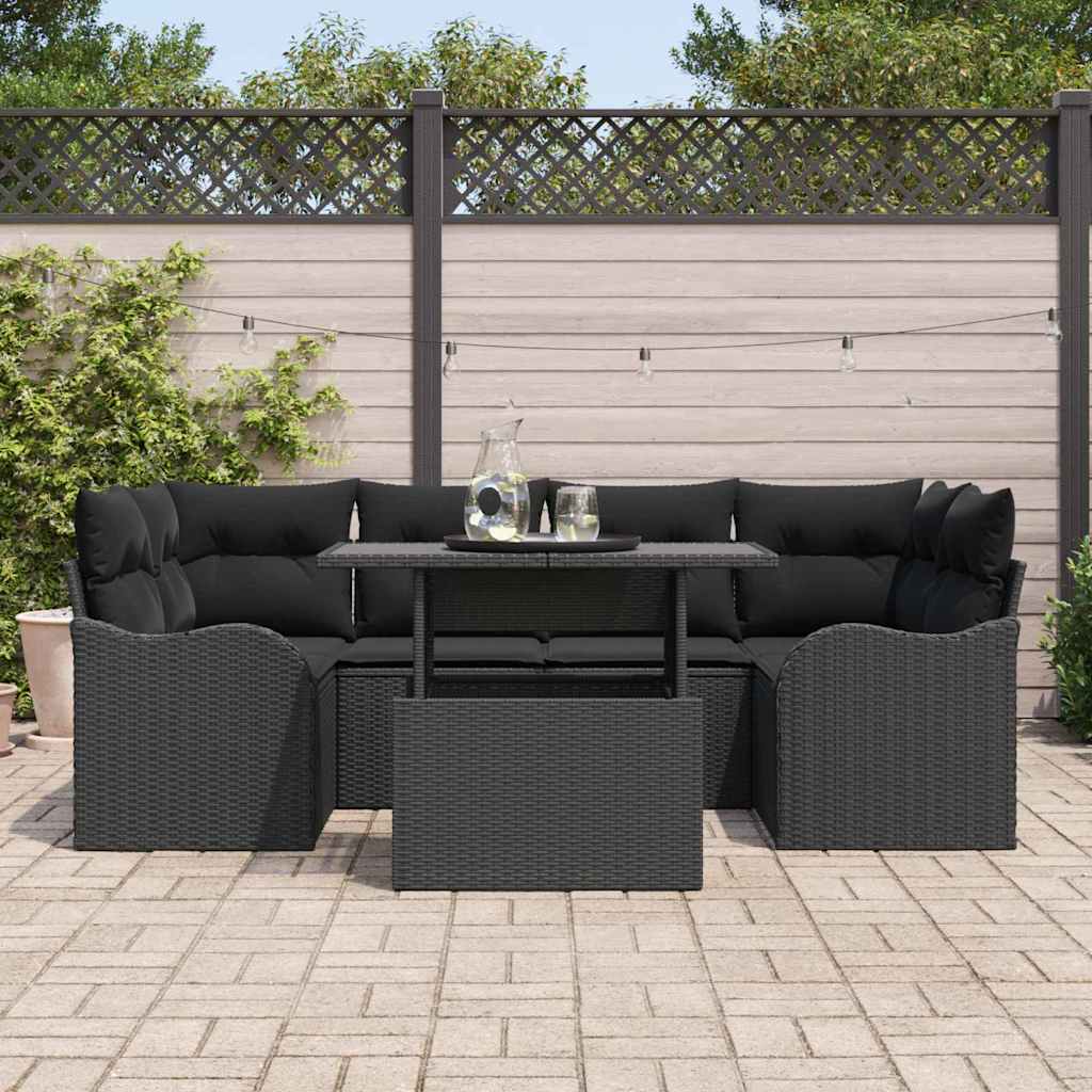 Havesofa Sæt med pude med opbevaring 7 pcs Sort Poly Rattan