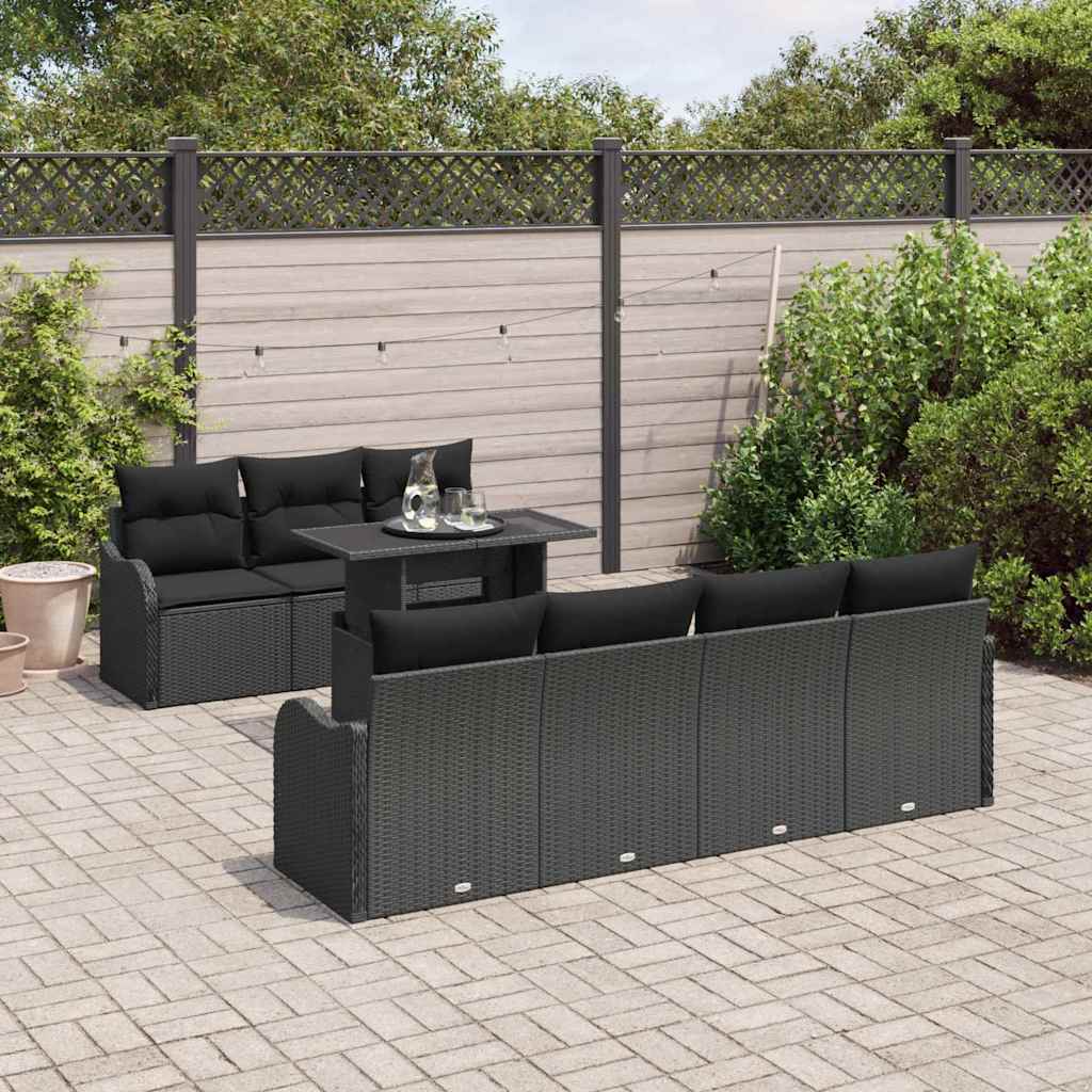 Havesofa Sæt med pude med opbevaring 8 pcs Sort Poly Rattan