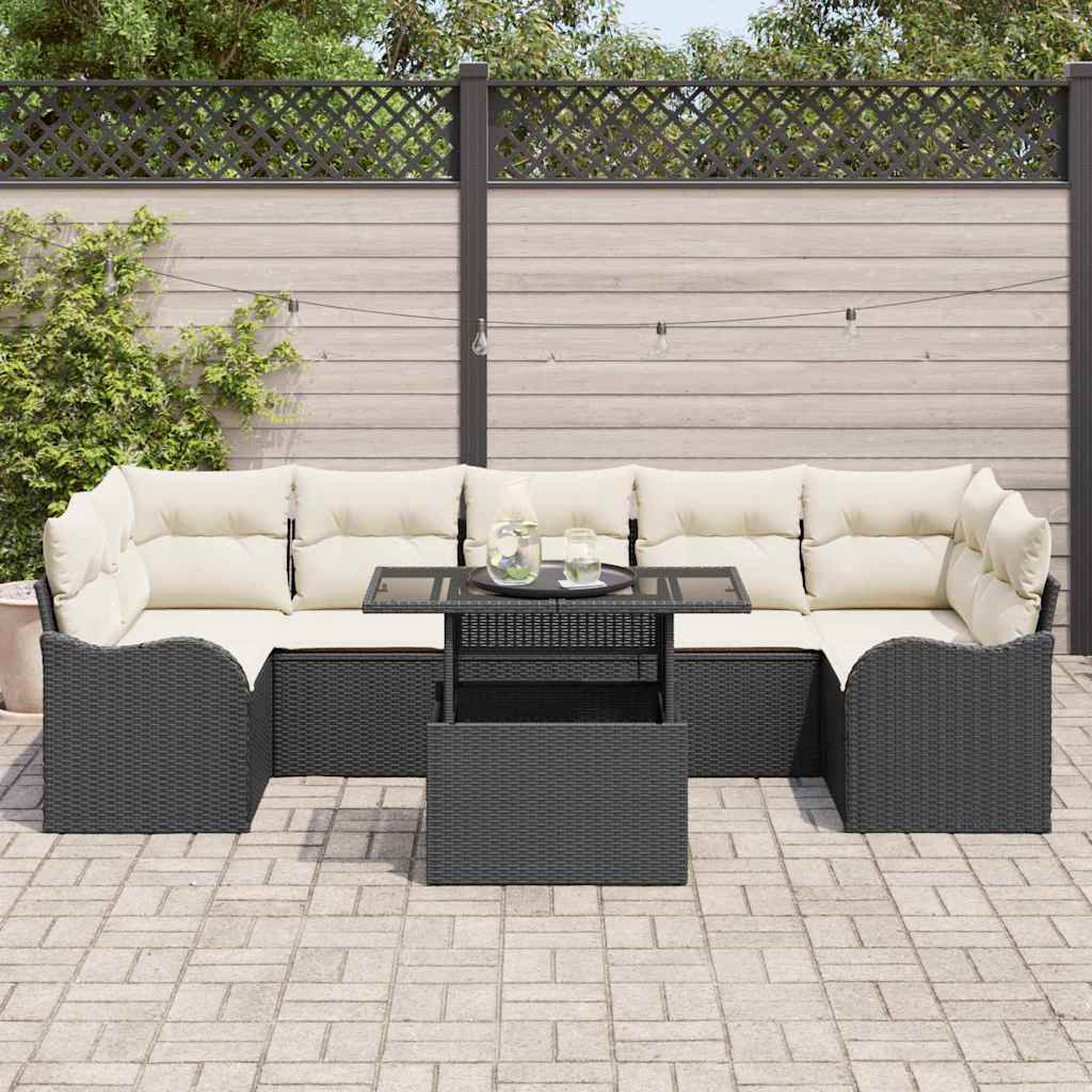 Havesofa Sæt med pude med opbevaring 8 pcs Sort Poly Rattan