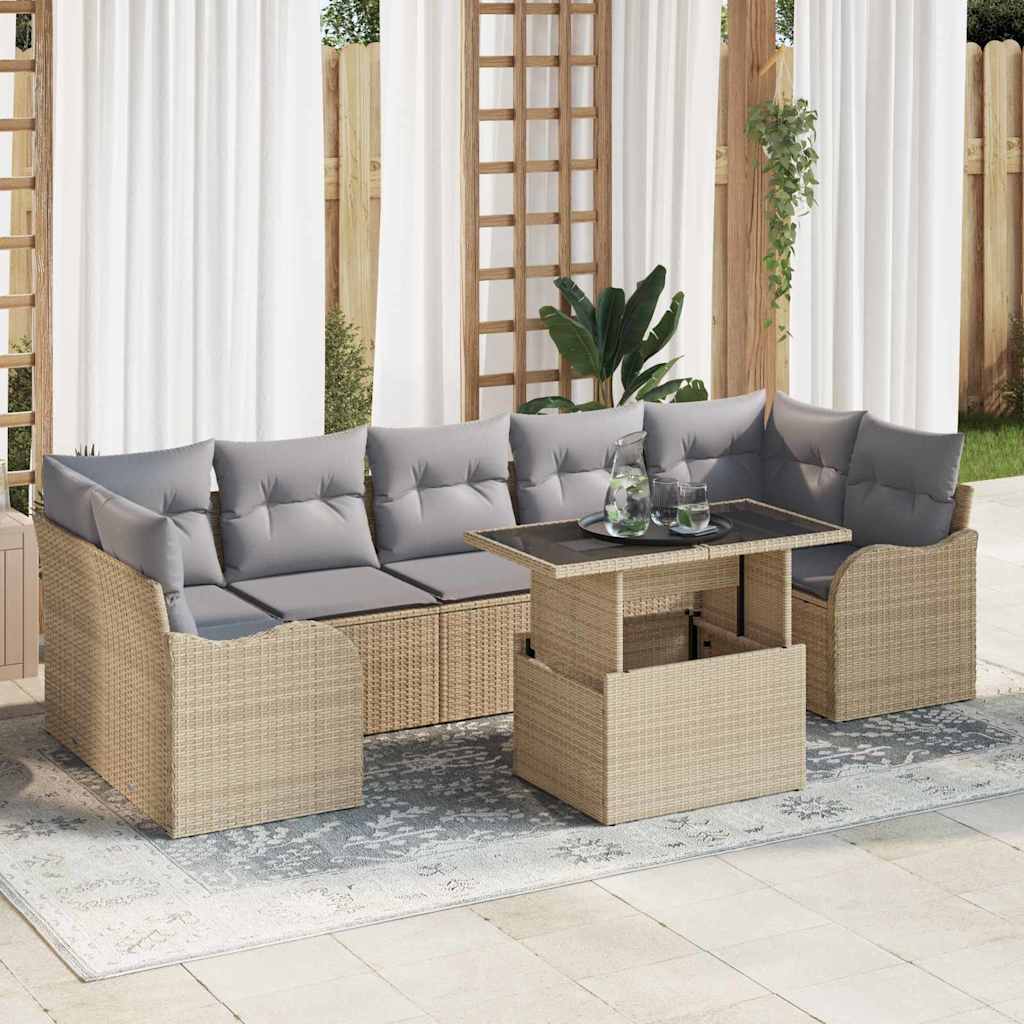 Havesofa Sæt med pude med opbevaring 8 pcs Beige Poly Rattan