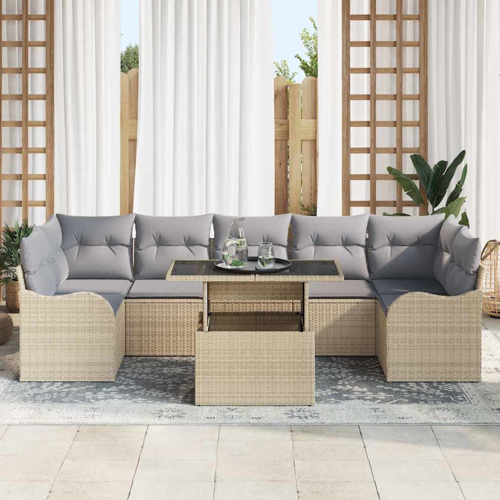 Havesofa Sæt med pude med opbevaring 8 pcs Beige Poly Rattan