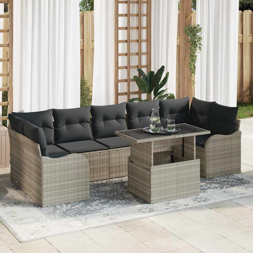 Havesofa Sæt med pude med opbevaring 8 pcs Lysegrå Poly Rattan