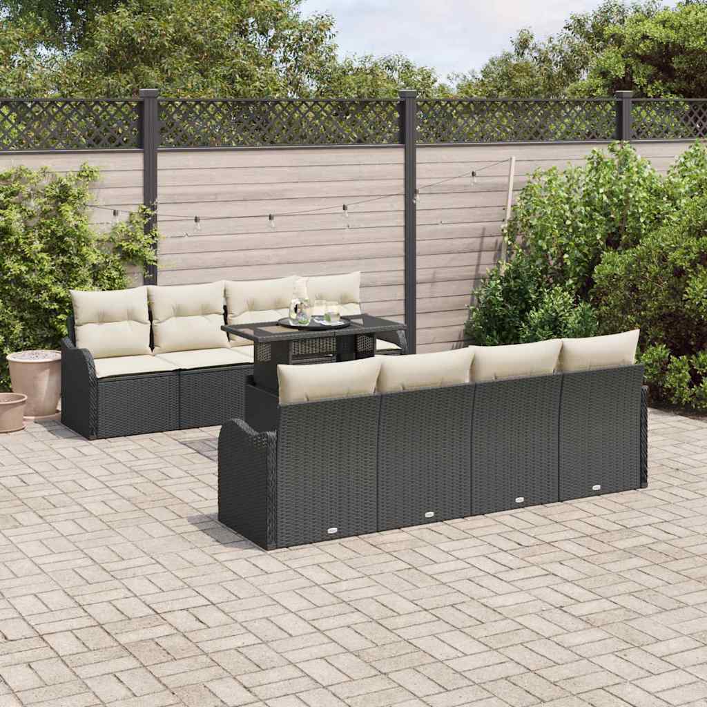 Havesofa Sæt med pude med opbevaring 9 pcs Sort Poly Rattan