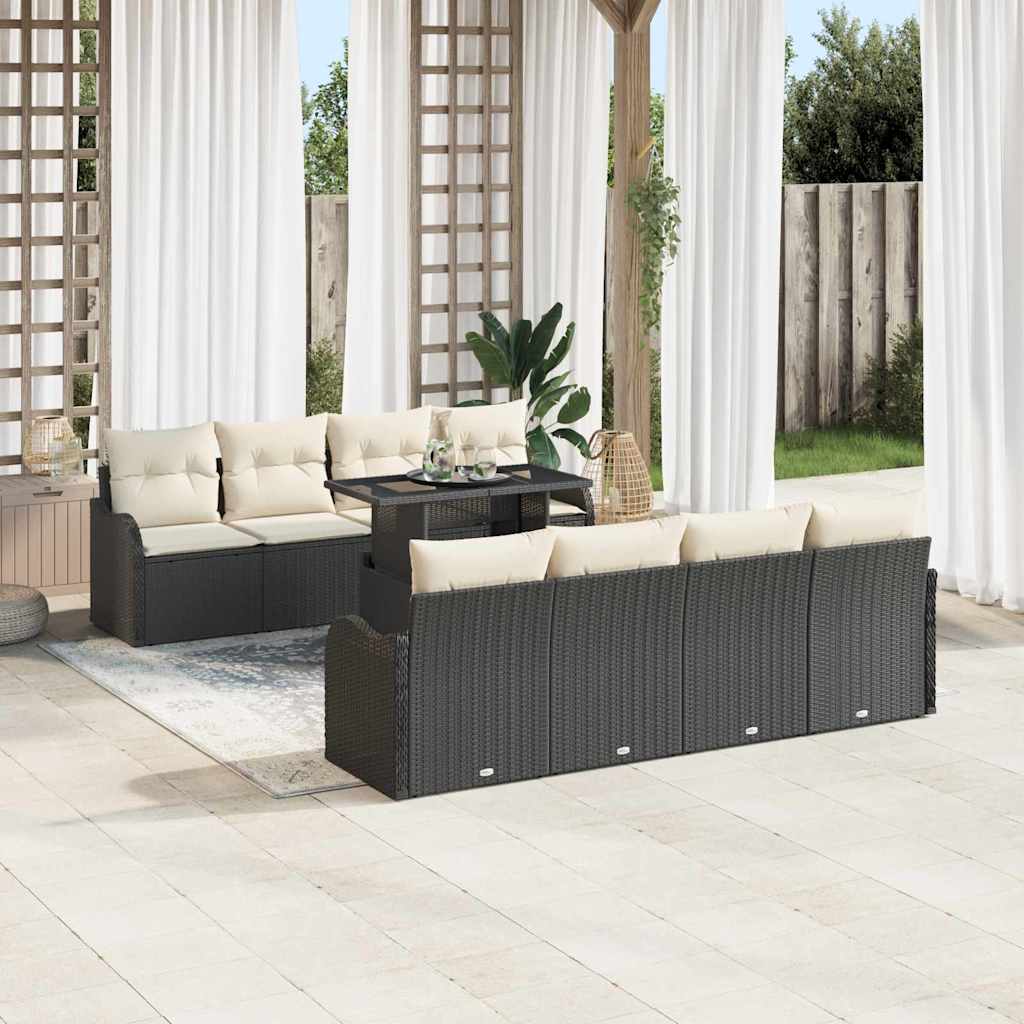 Havesofa Sæt med pude med opbevaring 9 pcs Sort Poly Rattan