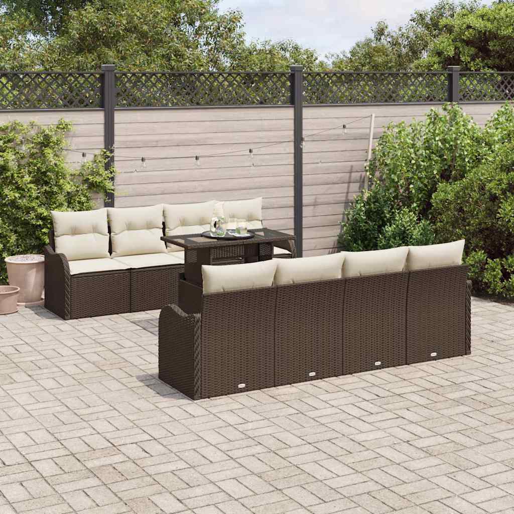 Havesofa Sæt med pude med opbevaring 9 pcs Brun Poly Rattan