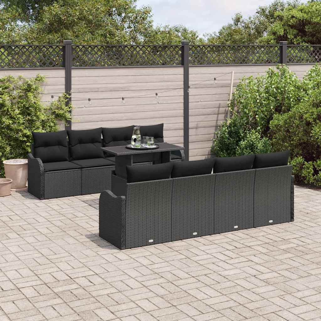 Havesofa Sæt med pude med opbevaring 9 pcs Sort Poly Rattan
