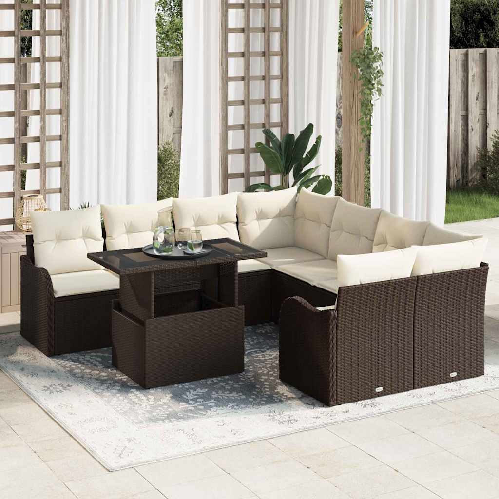 Havesofa Sæt med pude med pude 9 pcs Brun Polyrattan