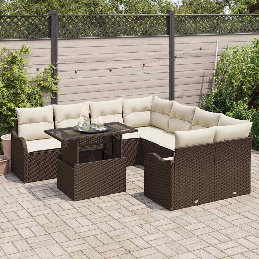 Havesofa Sæt med pude med pude 9 pcs Brun Polyrattan