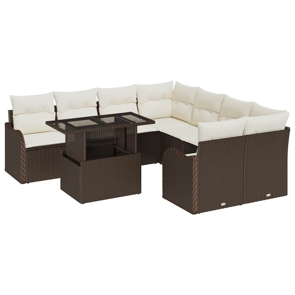 Havesofa Sæt med pude med pude 9 pcs Brun Polyrattan
