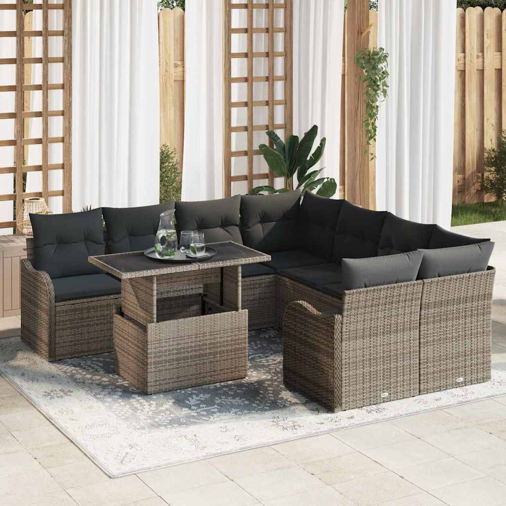 Havesofa Sæt med pude med pude 9 pcs Grå Polyrattan