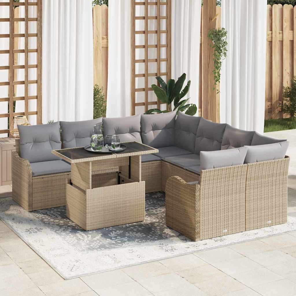 Havesofa Sæt med pude med pude 9 pcs Beige Polyrattan