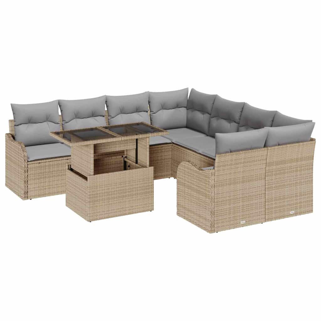 Havesofa Sæt med pude med pude 9 pcs Beige Polyrattan