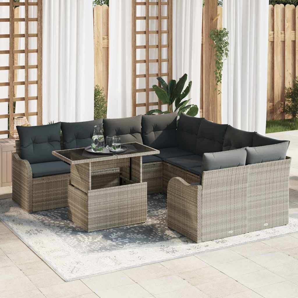Havesofa Sæt med pude med pude 9 pcs Lysegrå Polyrattan