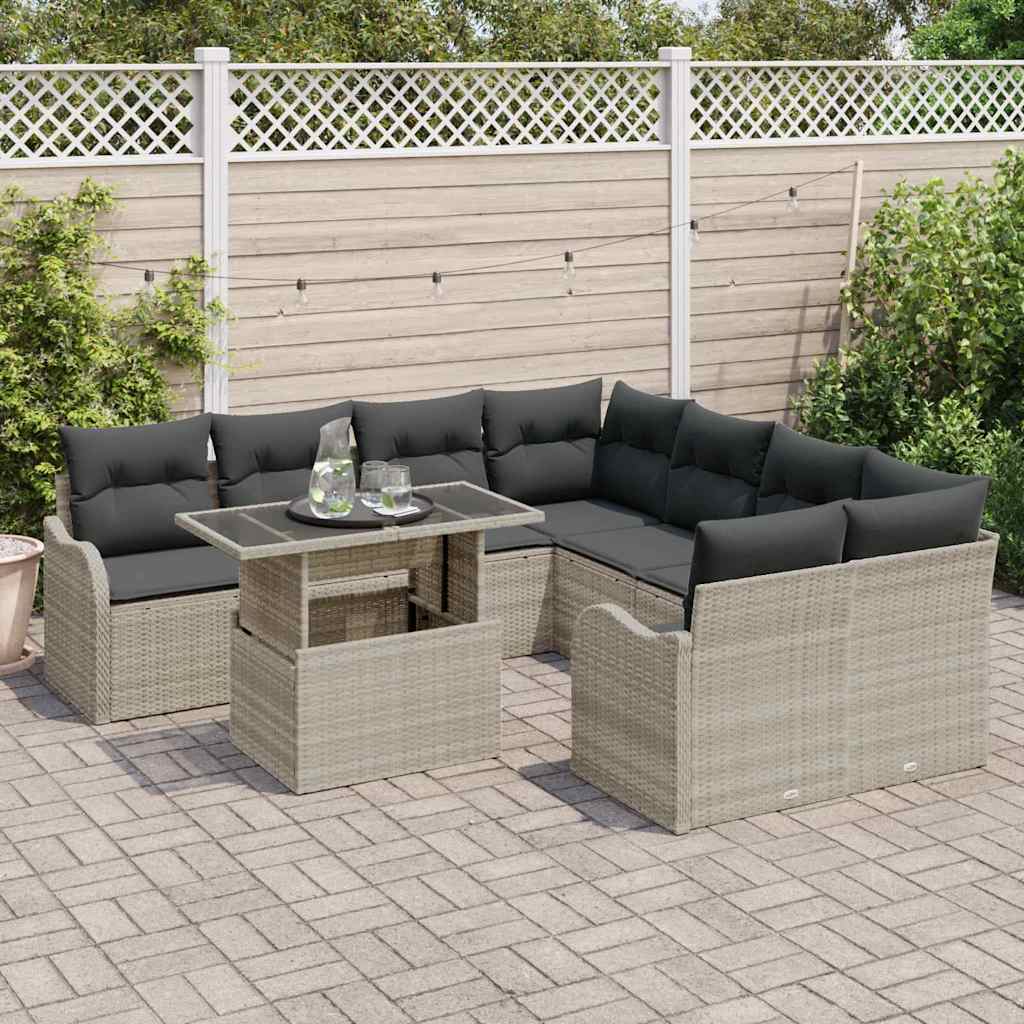 Havesofa Sæt med pude med pude 9 pcs Lysegrå Polyrattan