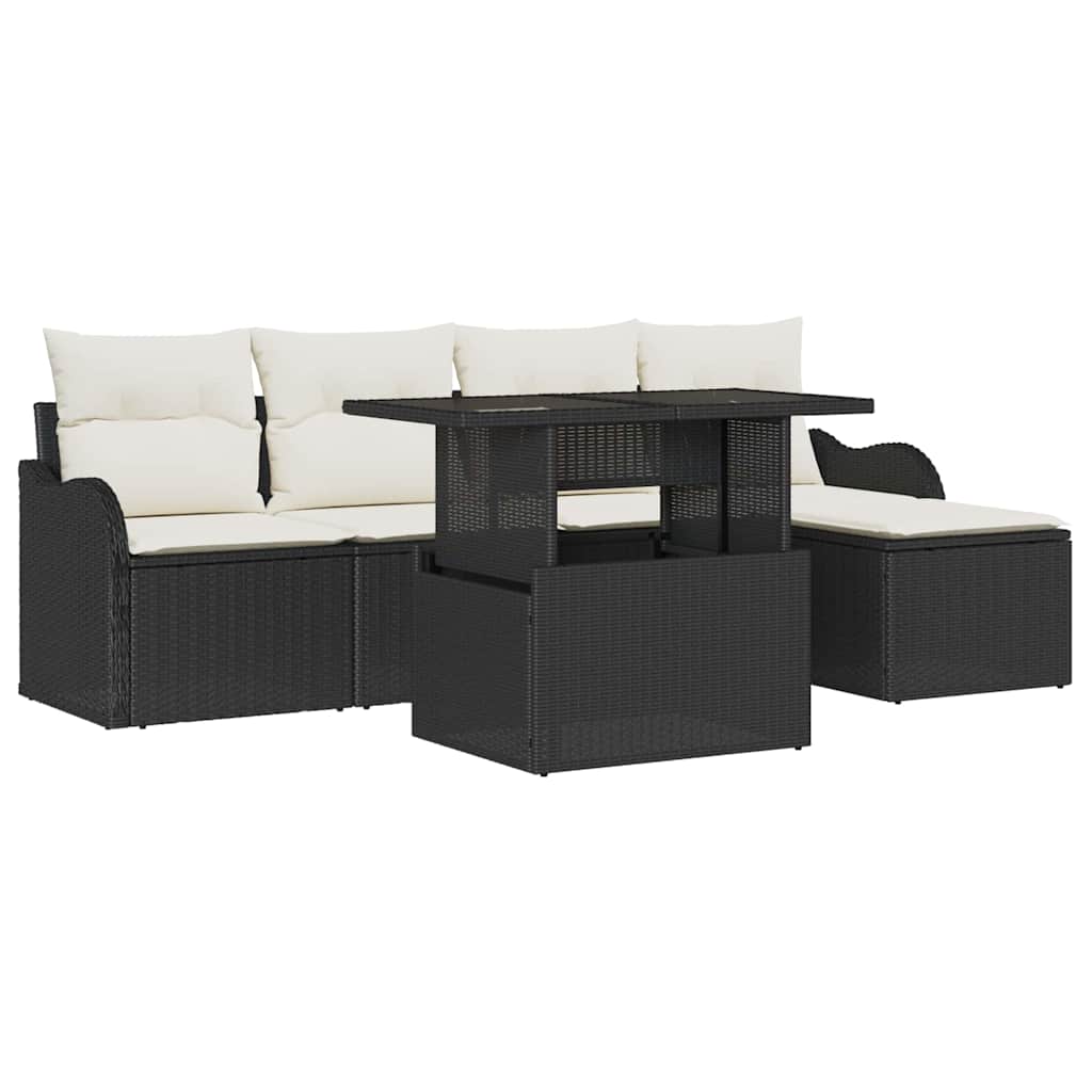 Havesofa Sæt med pude 6 pcs Sort Polyrattan