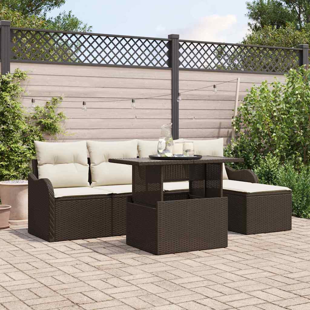 Havesofa Sæt med pude 6 pcs Brun Polyrattan