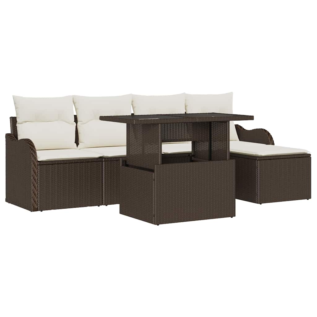 Havesofa Sæt med pude 6 pcs Brun Polyrattan