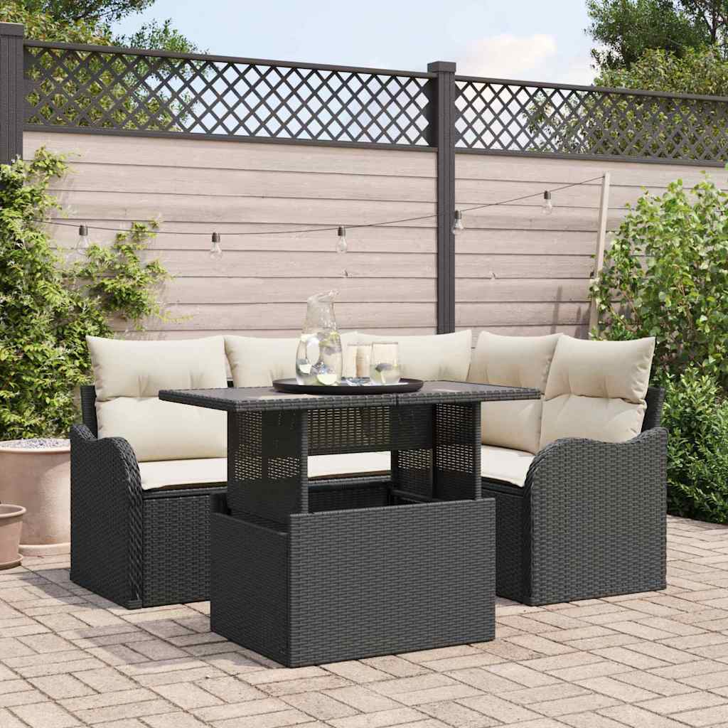 Havesofa Sæt med pude med pude 5 pcs Sort Poly Rattan