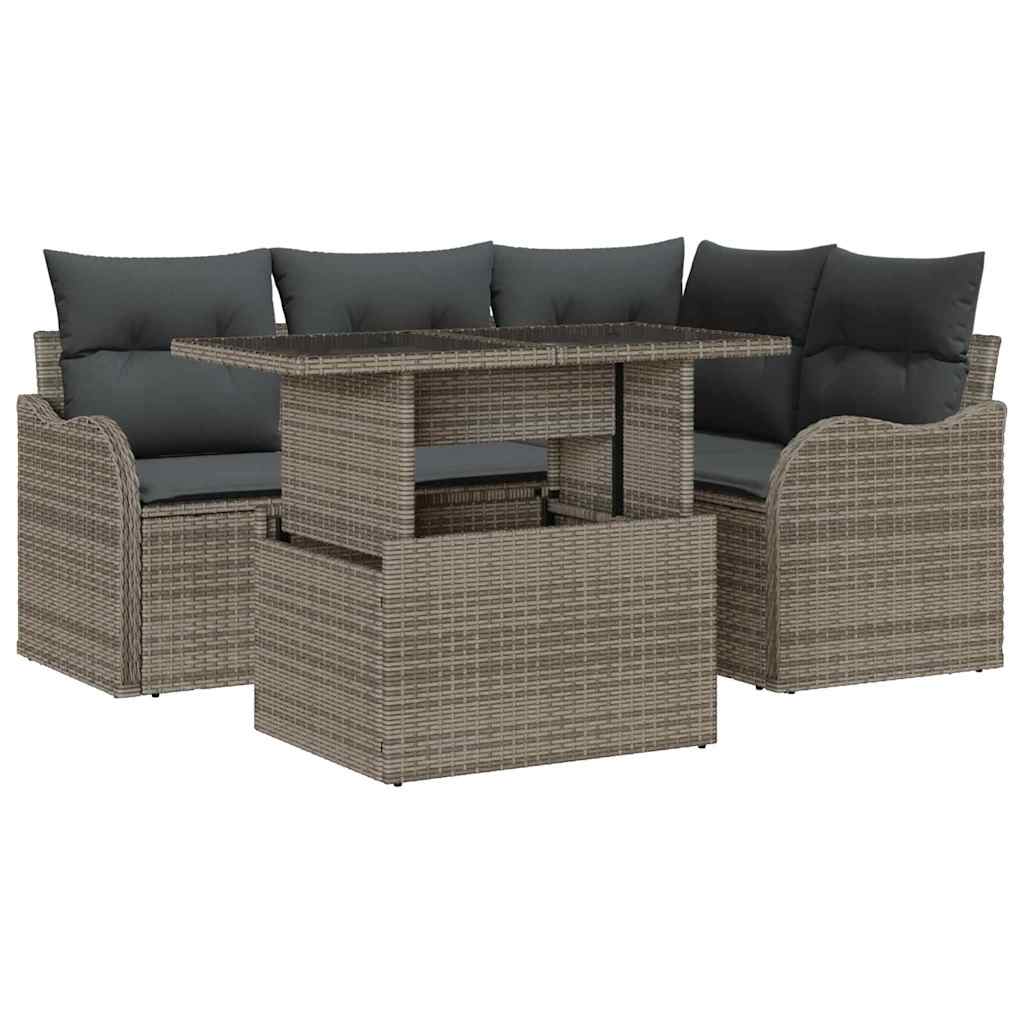Havesofa Sæt med pude med pude 5 pcs Grå Poly Rattan