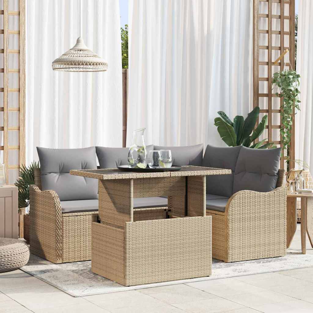 Havesofa Sæt med pude med pude 5 pcs Beige Poly Rattan