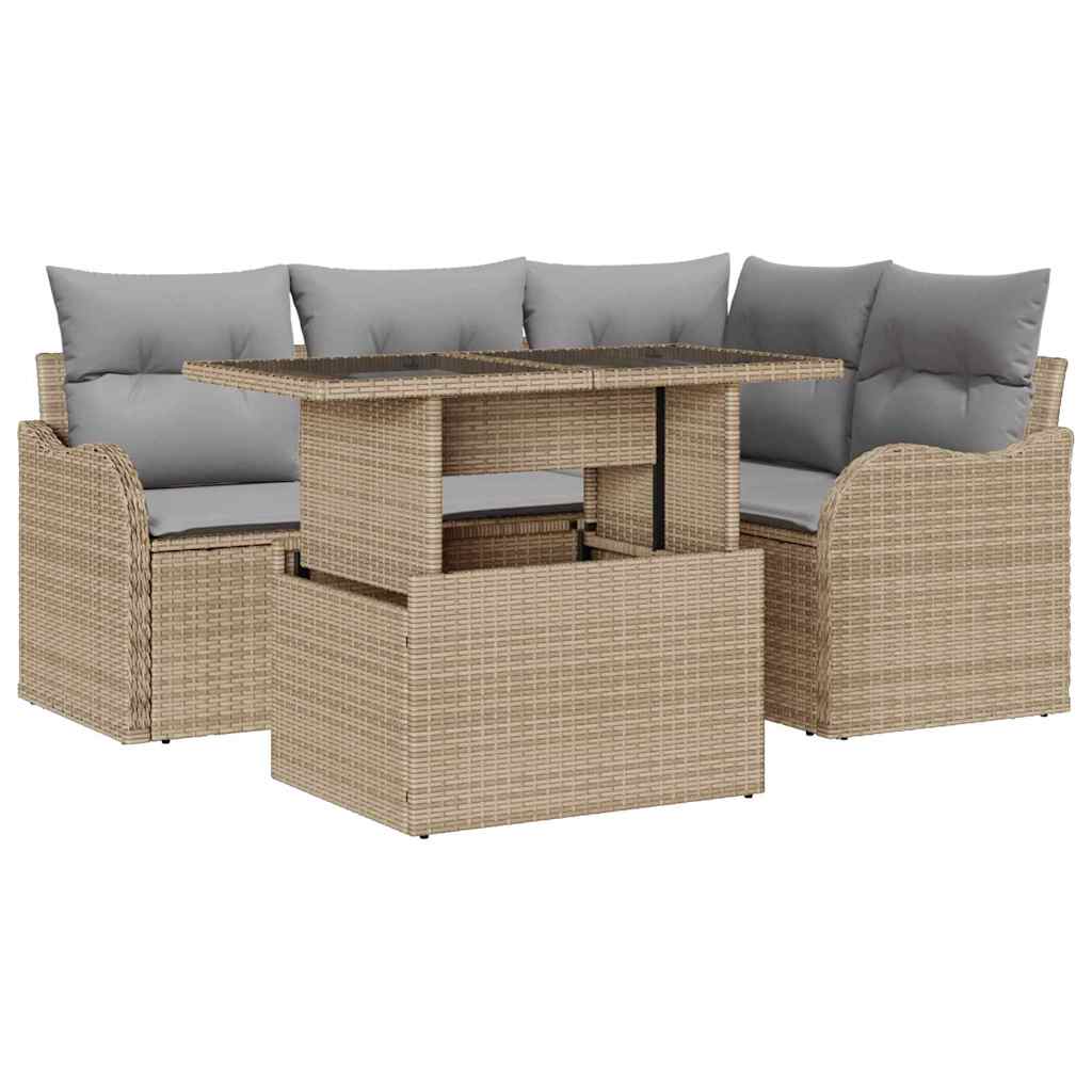 Havesofa Sæt med pude med pude 5 pcs Beige Poly Rattan