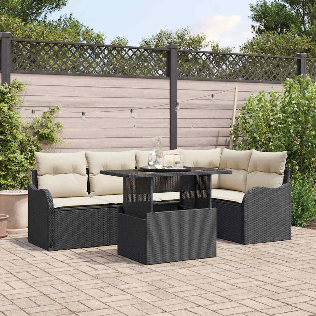 Havesofa Sæt med pude med pude 6 pcs Sort Poly Rattan