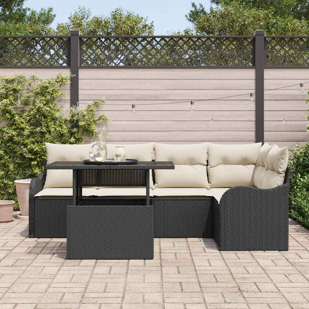 Havesofa Sæt med pude med pude 6 pcs Sort Poly Rattan