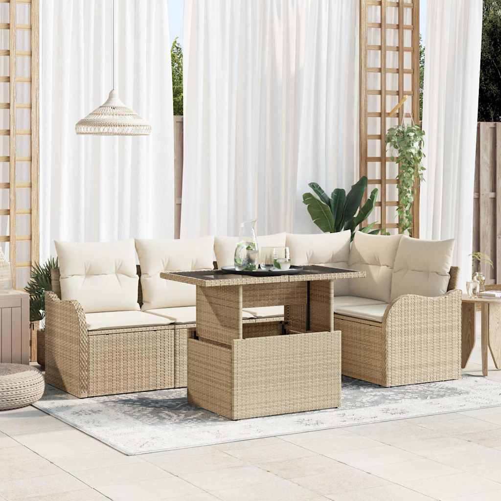 Havesofa Sæt med pude med pude 6 pcs Beige Poly Rattan