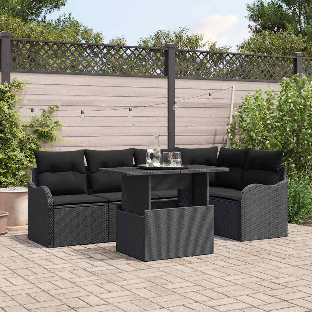 Havesofa Sæt med pude med pude 6 pcs Sort Poly Rattan