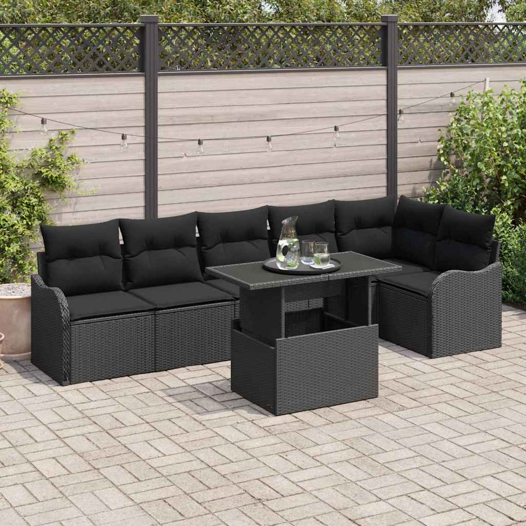 Havesofa Sæt med pude med pude 7 pcs Sort Poly Rattan