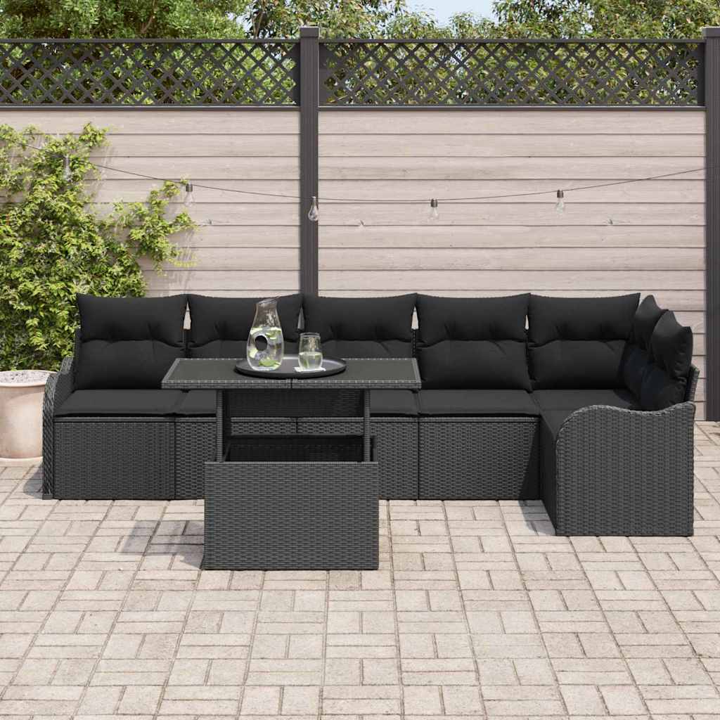Havesofa Sæt med pude med pude 7 pcs Sort Poly Rattan