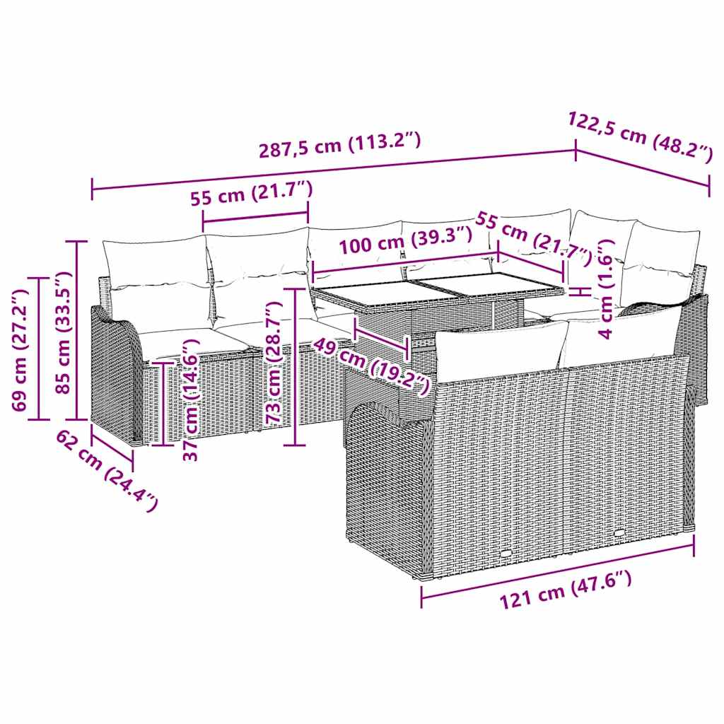 Havesofa Sæt med pude med pude 9 pcs Sort Poly Rattan