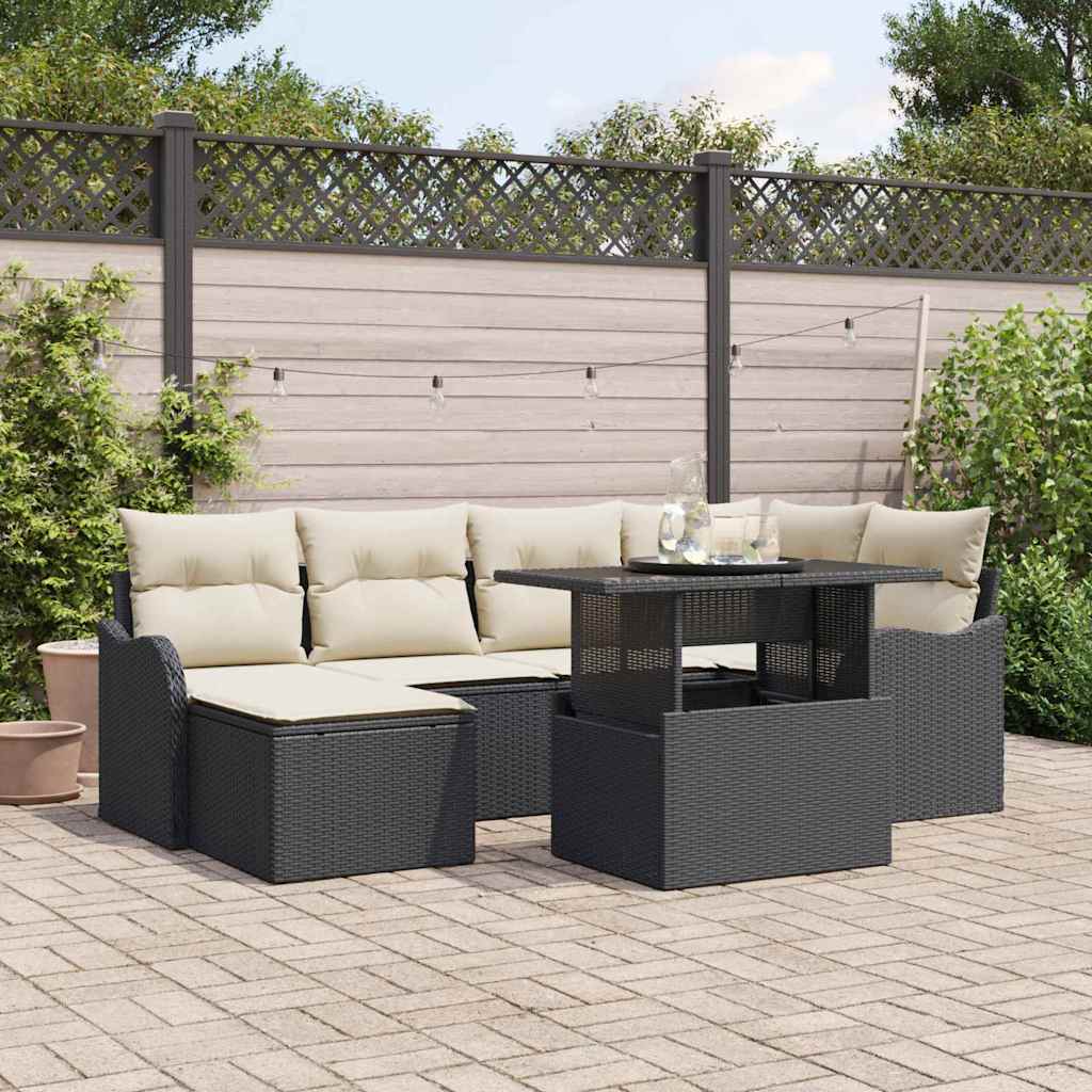 Havesofa Sæt med pude med opbevaring 7 pcs Sort Poly rattan