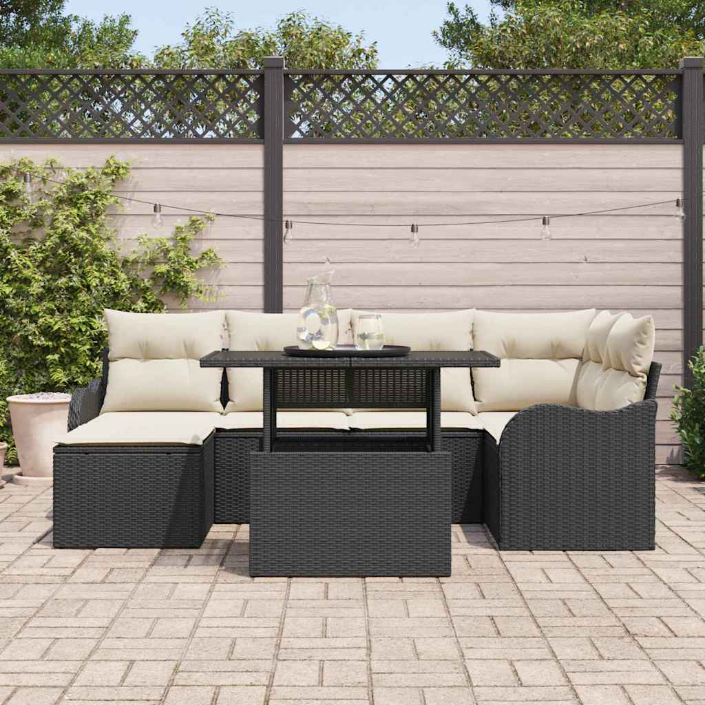 Havesofa Sæt med pude med opbevaring 7 pcs Sort Poly rattan