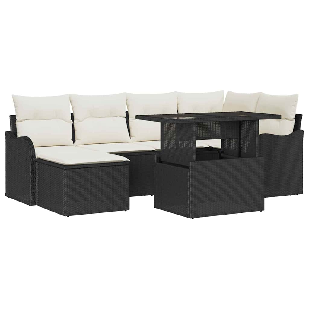 Havesofa Sæt med pude med opbevaring 7 pcs Sort Poly rattan