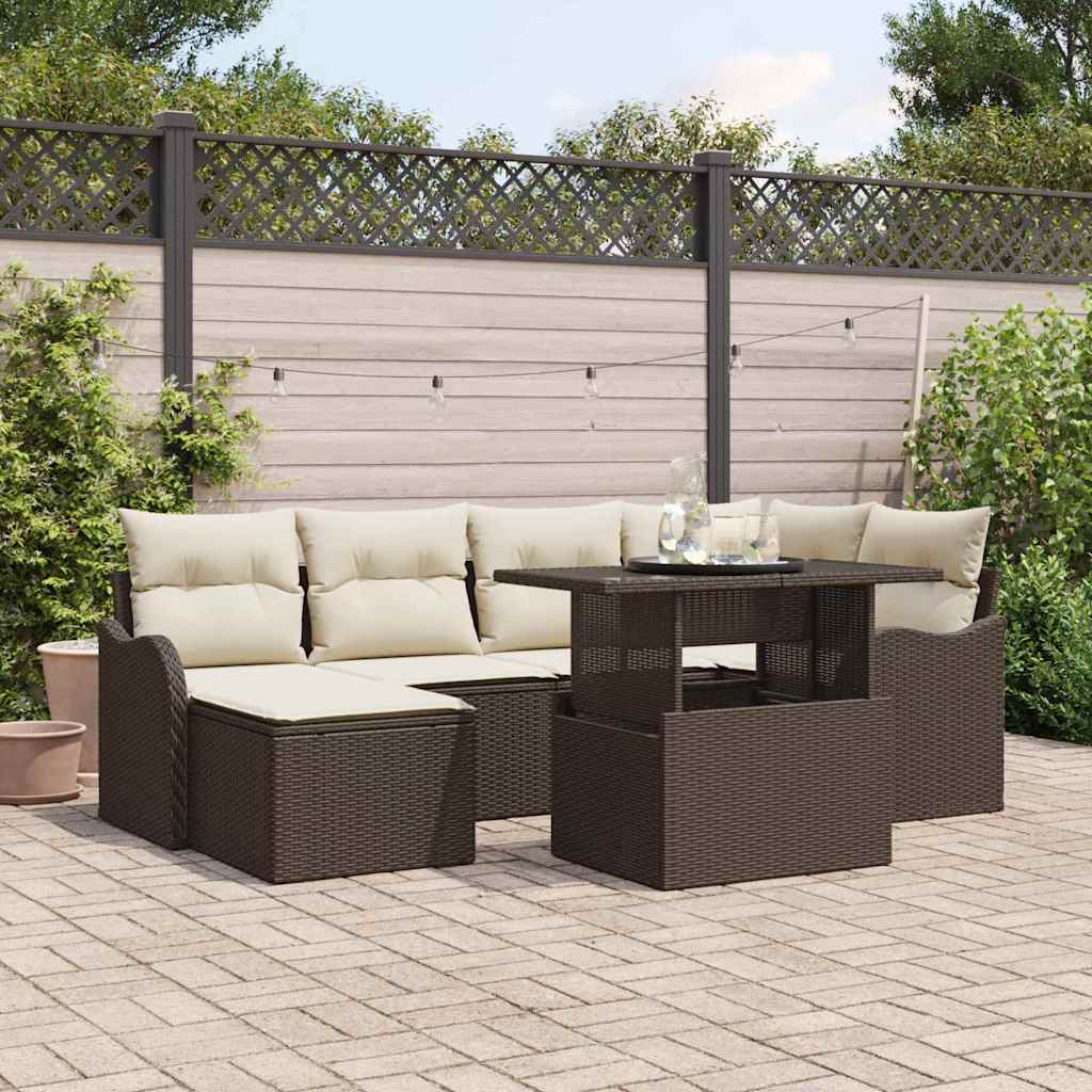 Havesofa Sæt med pude med opbevaring 7 pcs Brun Poly rattan