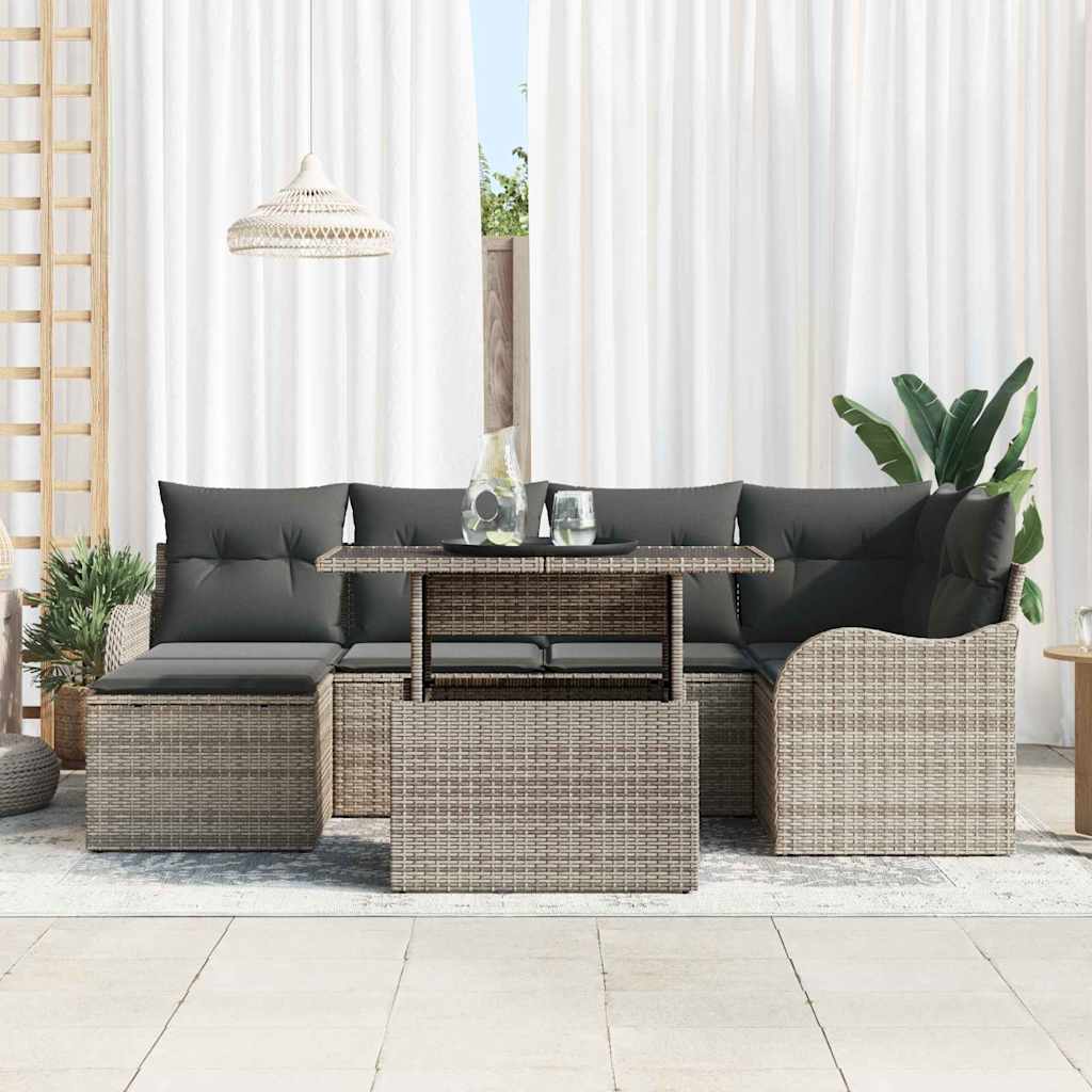 Havesofa Sæt med pude med opbevaring 7 pcs Grå Poly rattan