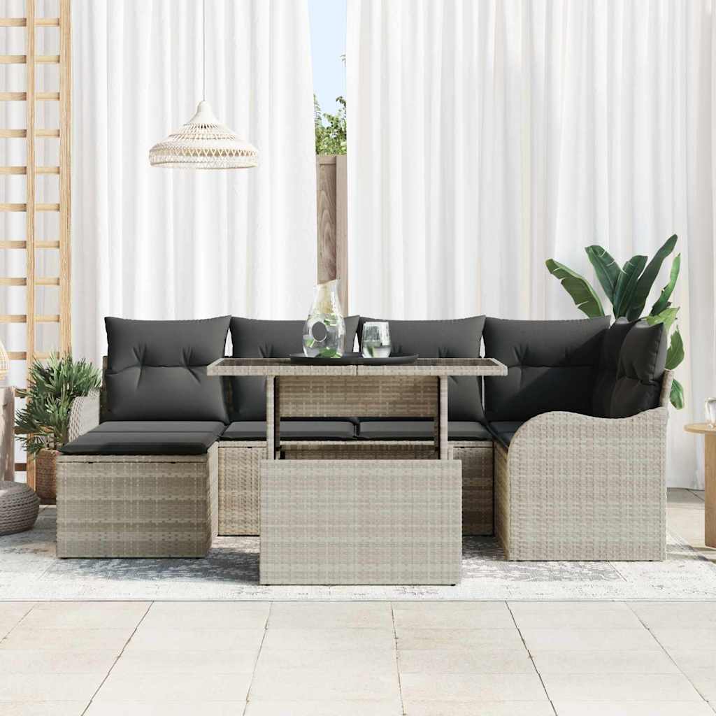 Havesofa Sæt med pude med opbevaring 7 pcs Lysegrå Poly rattan