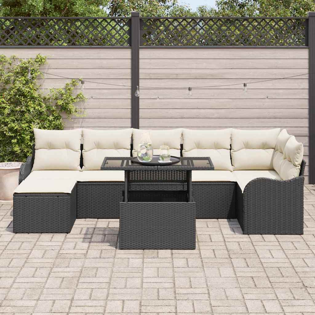 Havesofa Sæt med pude med opbevaring 8 pcs Sort Poly rattan
