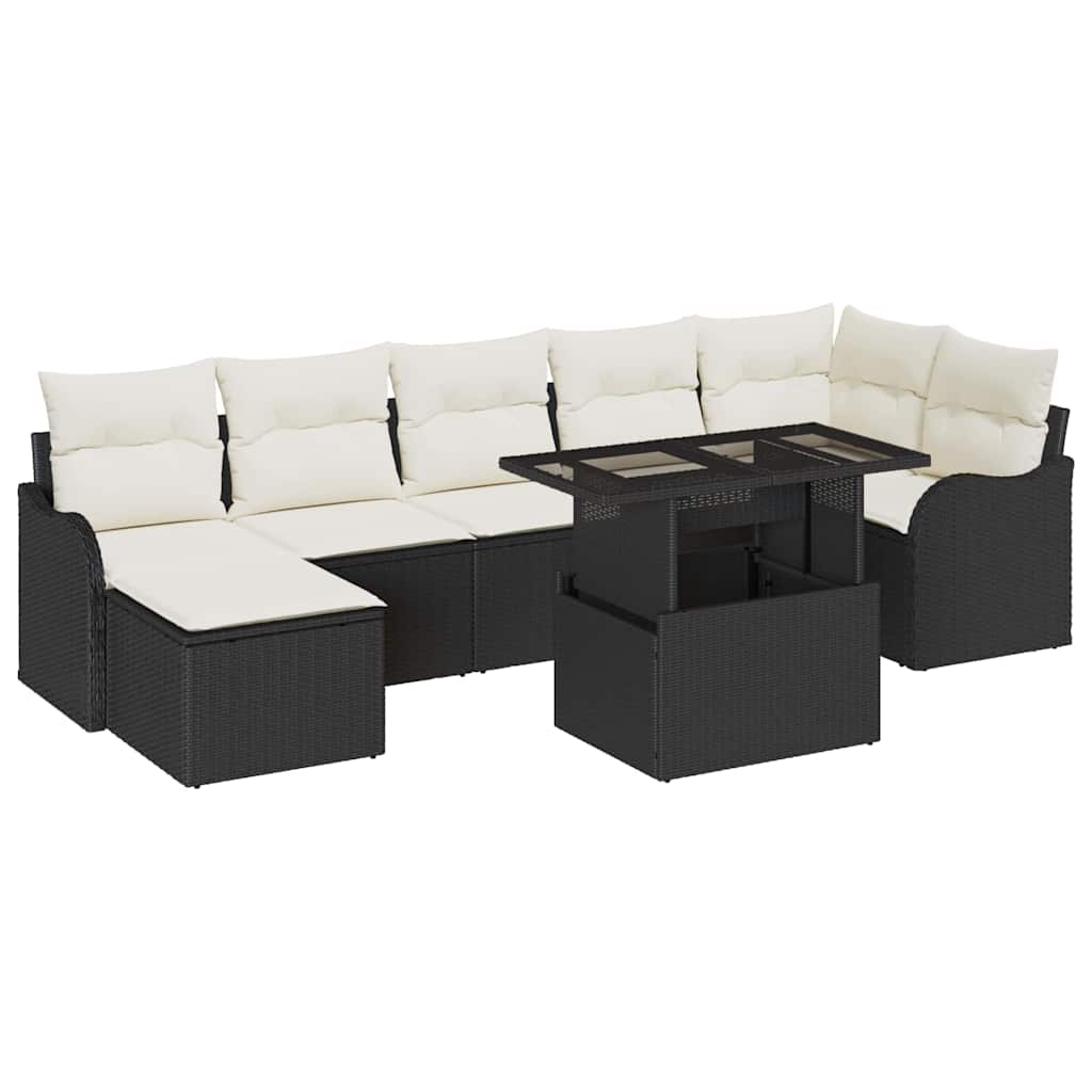 Havesofa Sæt med pude med opbevaring 8 pcs Sort Poly rattan