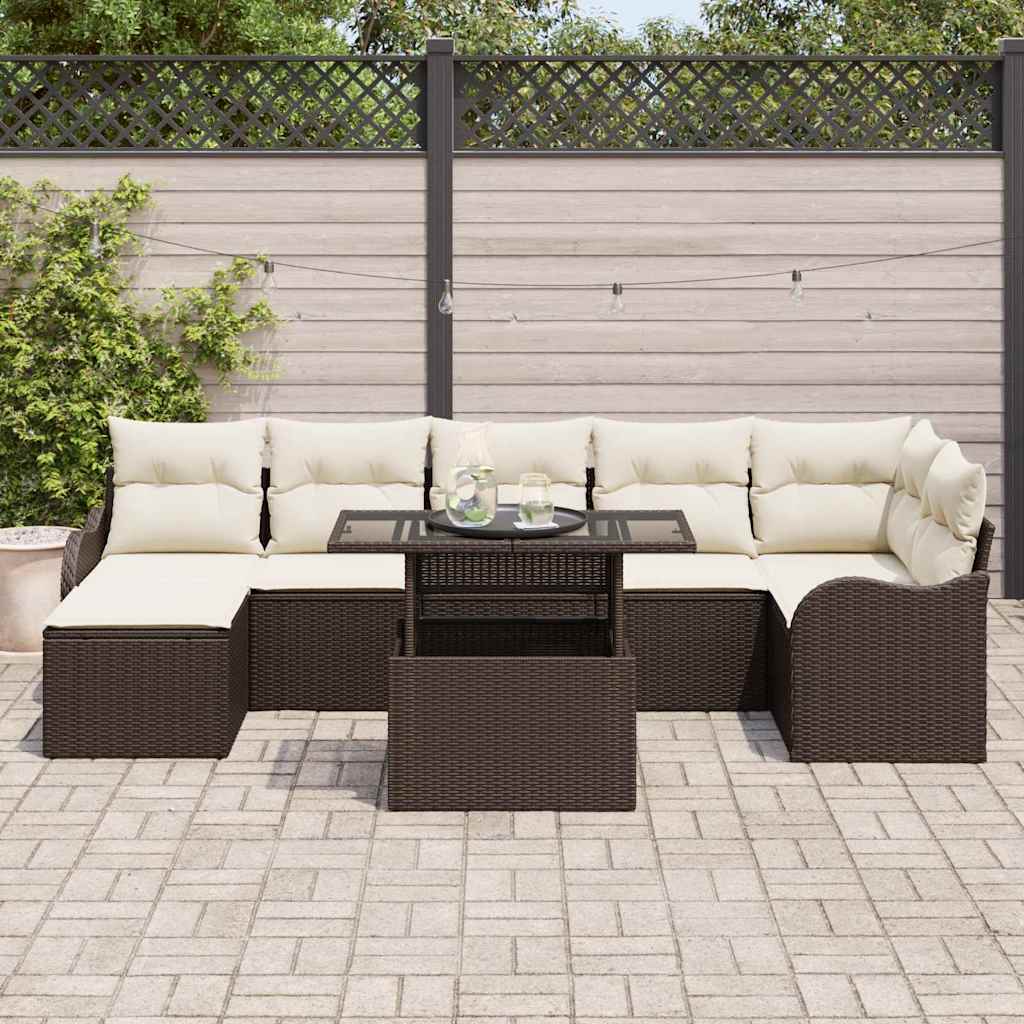 Havesofa Sæt med pude med opbevaring 8 pcs Brun Poly rattan