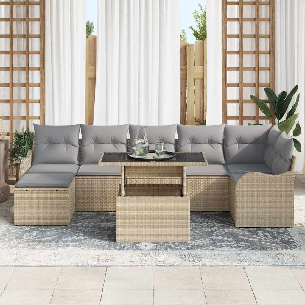 Havesofa Sæt med pude med opbevaring 8 pcs Beige Poly rattan