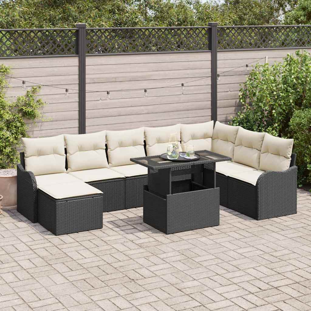 Havesofa Sæt med pude med opbevaring 9 pcs Sort Poly rattan