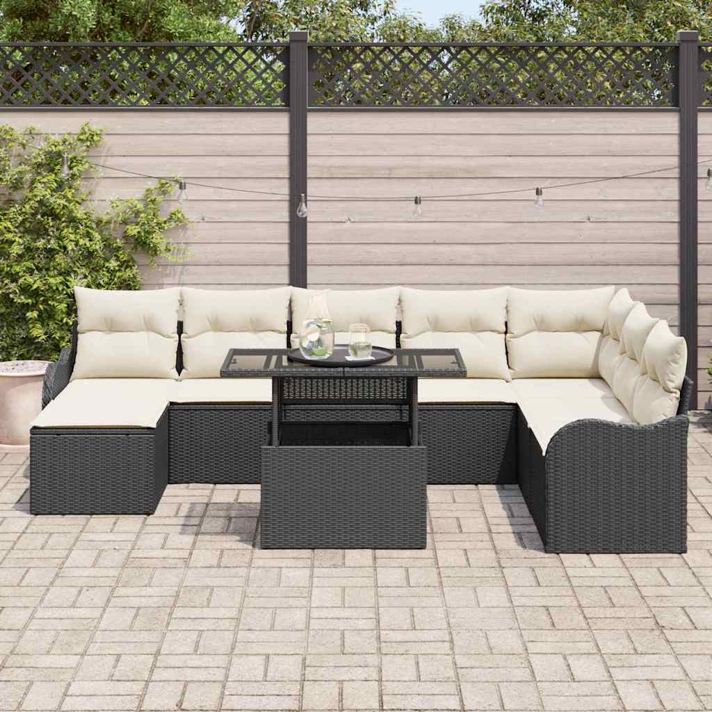 Havesofa Sæt med pude med opbevaring 9 pcs Sort Poly rattan