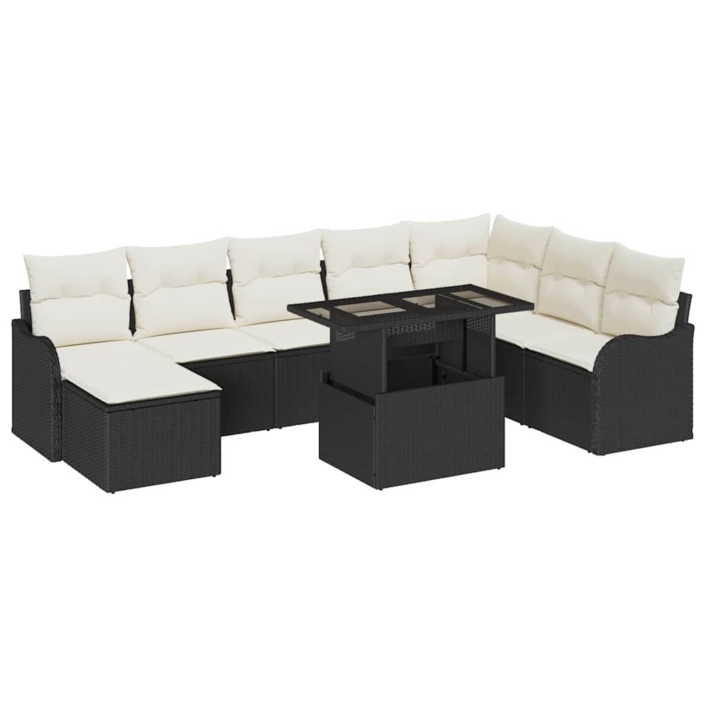 Havesofa Sæt med pude med opbevaring 9 pcs Sort Poly rattan