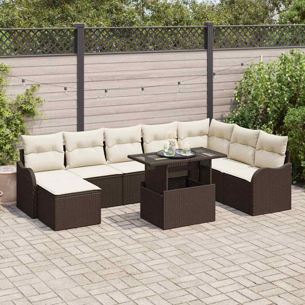 Havesofa Sæt med pude med opbevaring 9 pcs Brun Poly rattan