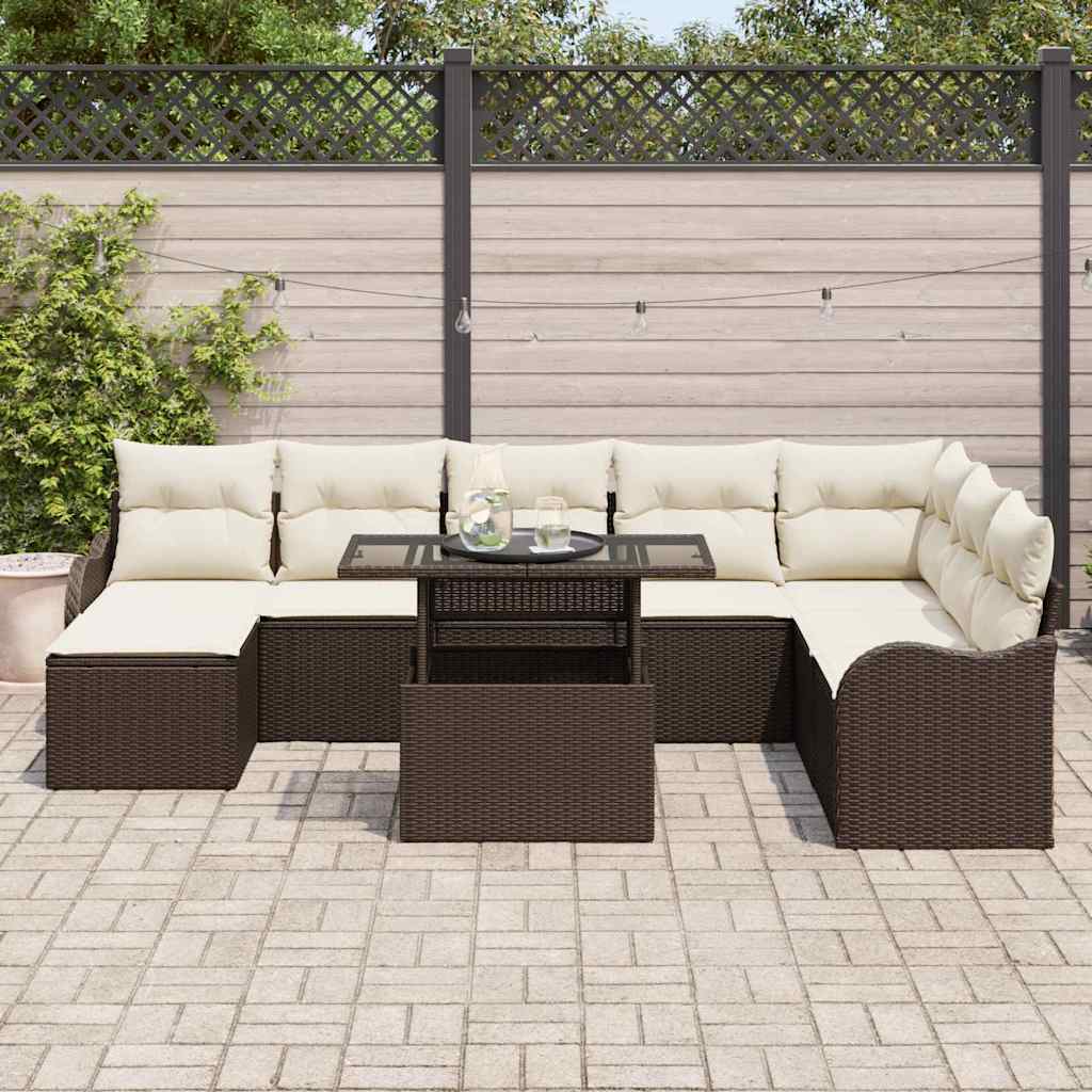 Havesofa Sæt med pude med opbevaring 9 pcs Brun Poly rattan
