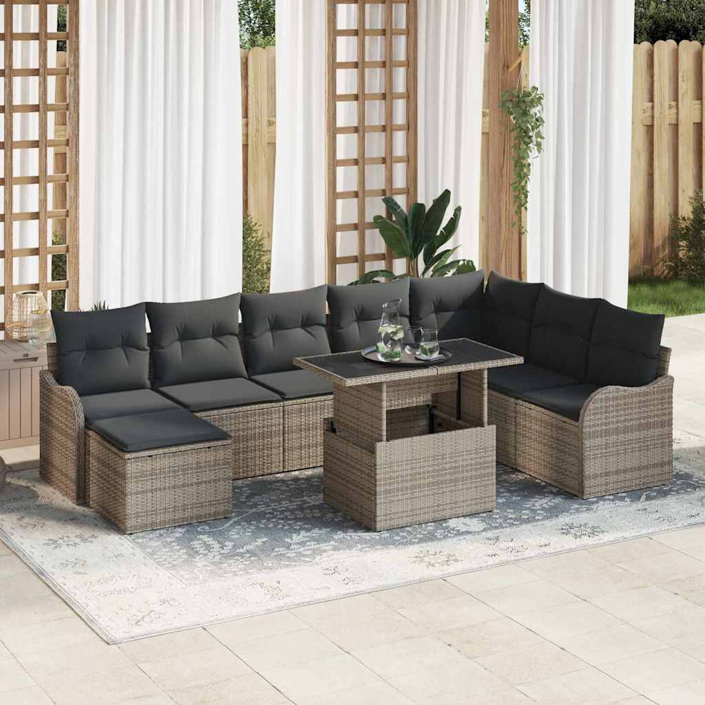 Havesofa Sæt med pude med opbevaring 9 pcs Grå Poly rattan