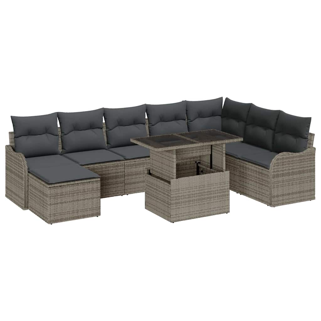 Havesofa Sæt med pude med opbevaring 9 pcs Grå Poly rattan
